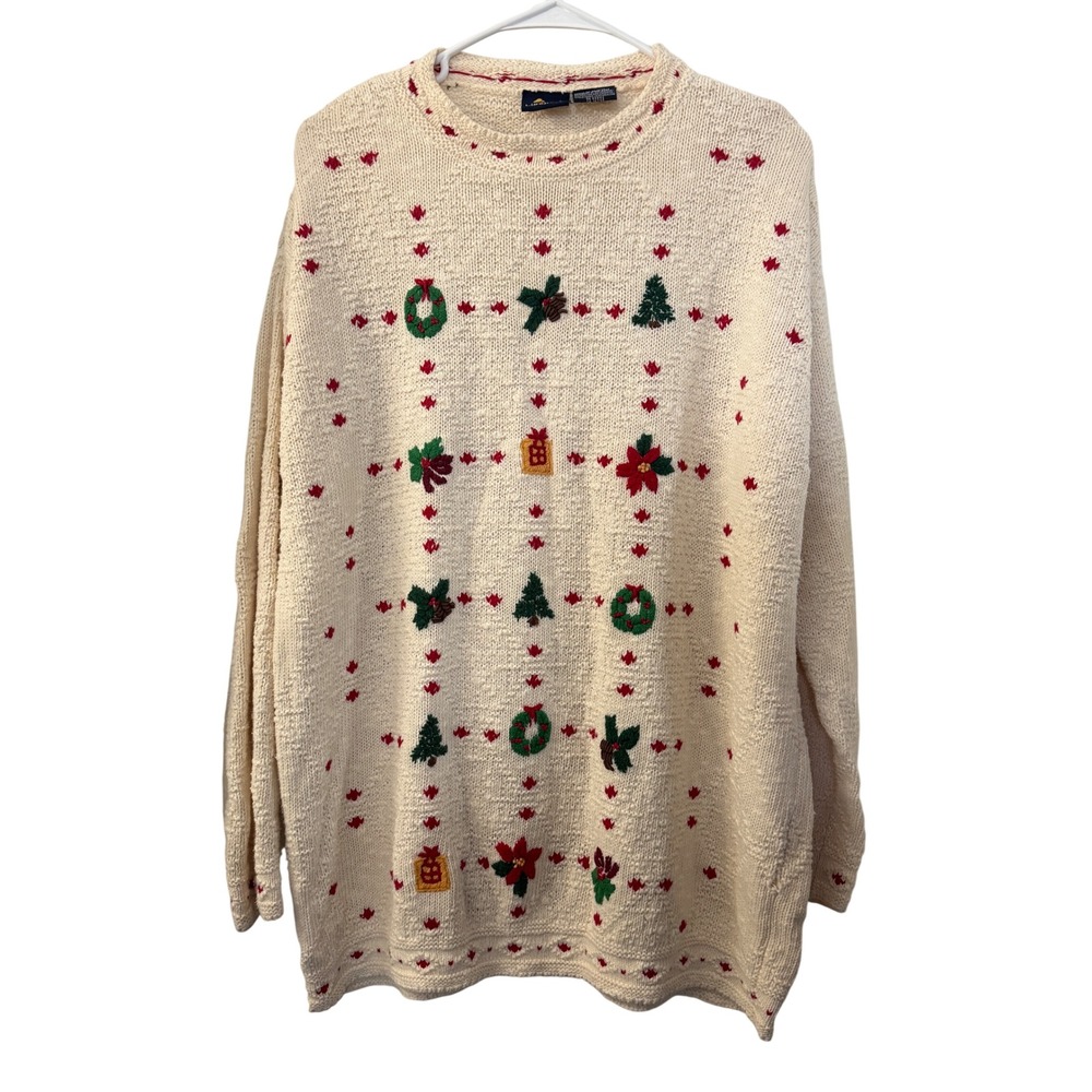 Lizsport Vintage 90s Christmas Sweater Women Large Cream Embroidered Holiday